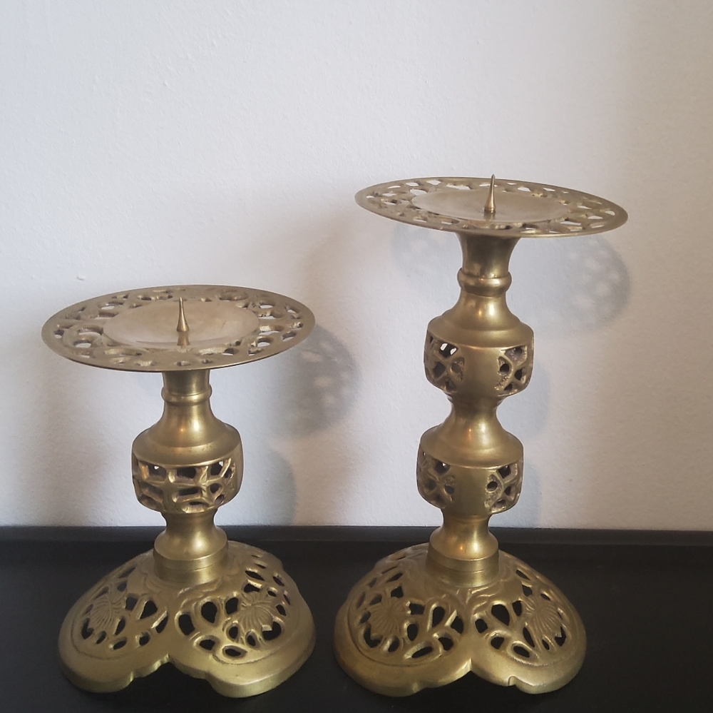 Vintage Pierced Brass Altar Candlestick Candle Holders BOHO Chic Bohemian